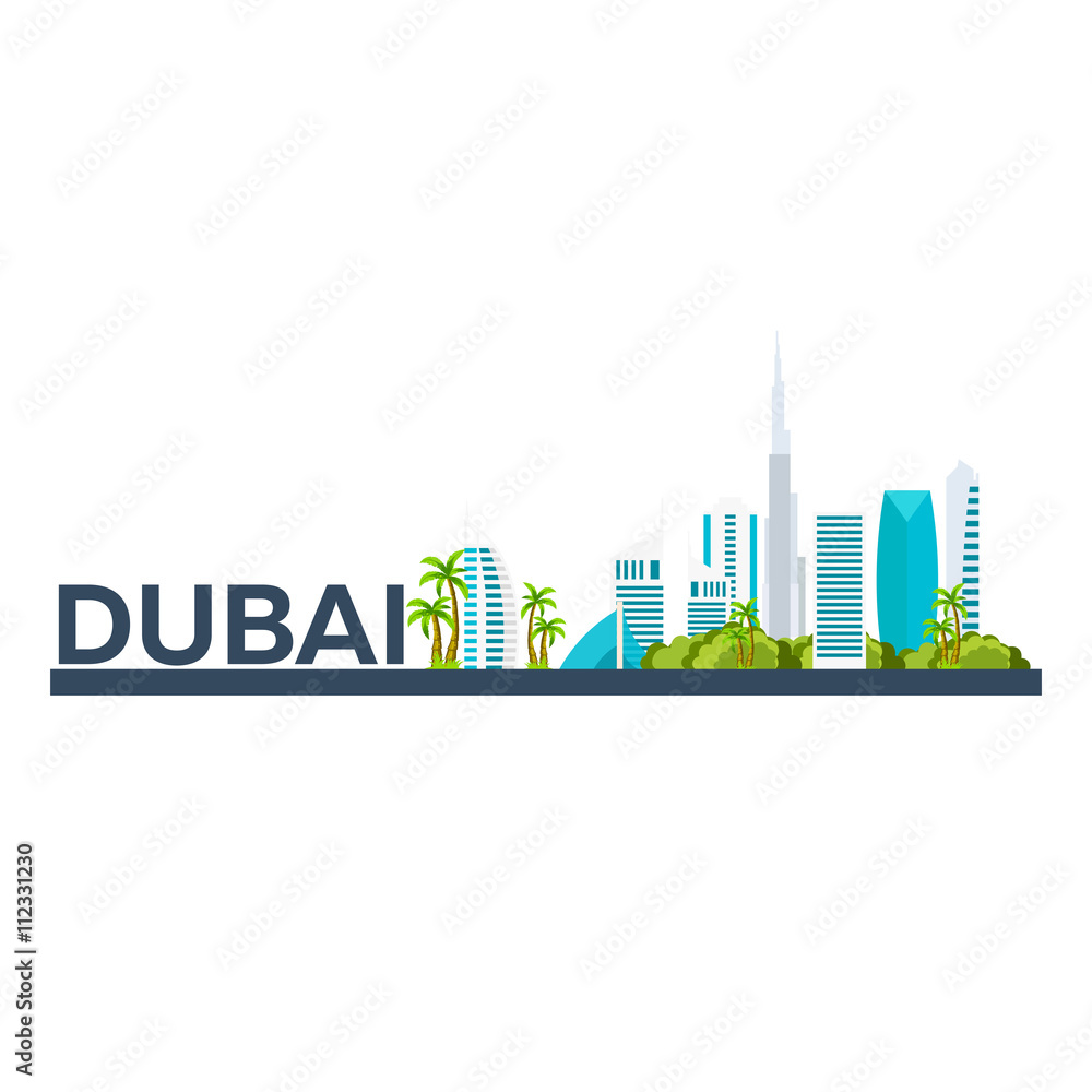 Dubai. Tourism. Travelling illustration Dubai city. Modern flat design. Dubai skyline. UAE