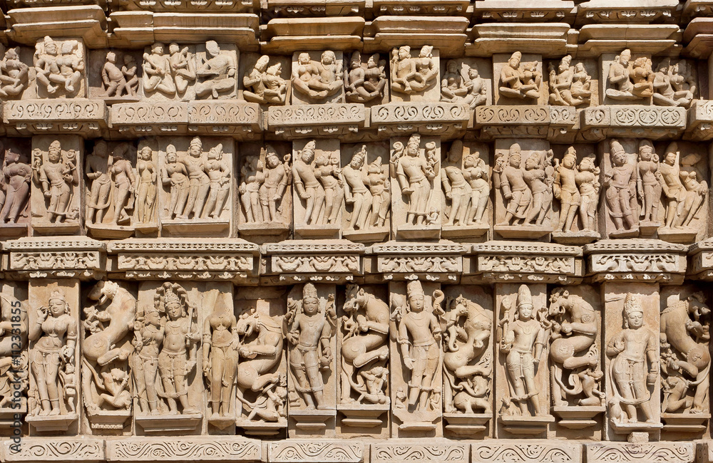 Sculptured background of Khajuraho with Hindu gods and goddess. UNESCO Heritage site
