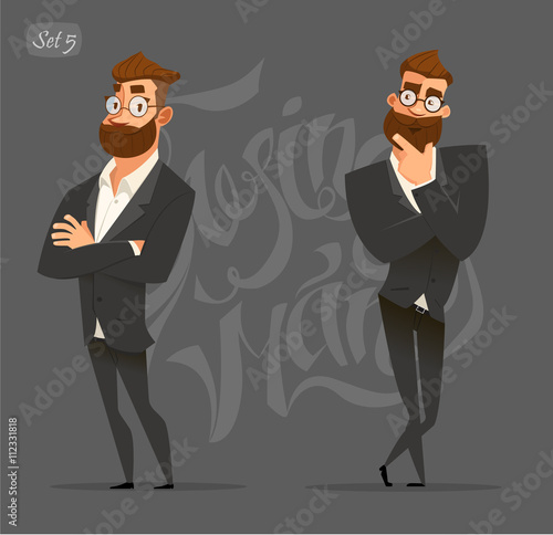 Business man in black suit. Thoughtfull emotions. Business set