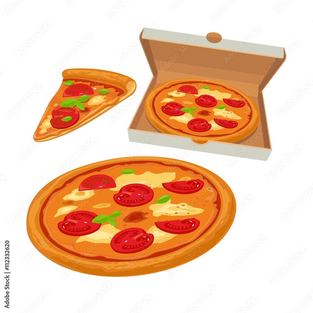 Whole pizza margherita in open white box and slice. Isolated vector flat illustration for poster, menus, logotype, brochure, web and icon Whole pizza margherita in open white box and slice. Isolated vector flat illustration for poster, menus, logotype, brochure, web and icon