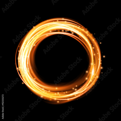 Glow light effect. Magic gold circle. Gold round frame. Swirl trail effect on black background. Vector illustration.