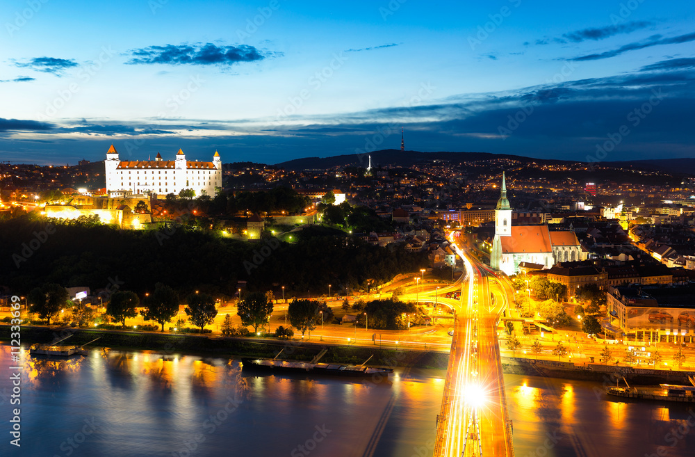 Bratislava castle - Panoramic view of old town at evening