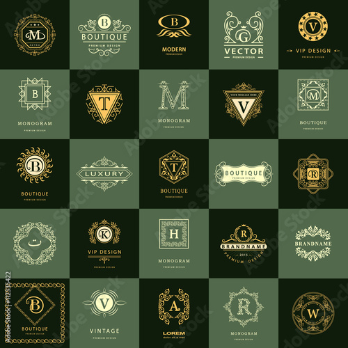 Line graphics monogram. Vintage Logos Design Templates Set. Business sign Letter emblem. Vector logotypes elements collection, Icons Symbols, Retro Labels, Badges, Silhouettes. Premium Collection