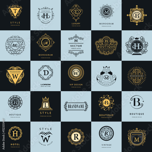 Vintage Logos Design Templates Set. Logotypes elements collection, Icons Symbols, Retro Labels, Badges, Silhouettes. Abstract logo, Letter emblems. Premium Collection. Vector illustration