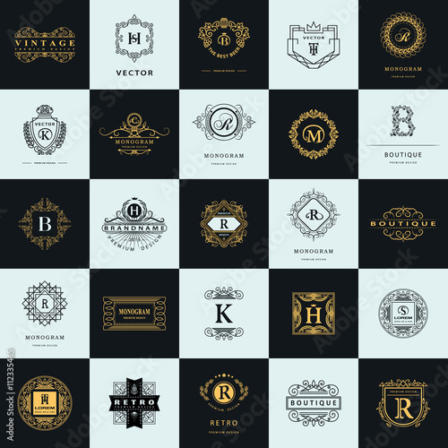 Vintage Logos Design Templates Set. Logotypes elements collection, Icons Symbols, Retro Labels, Badges, Silhouettes. Abstract logo, Letter emblems. Premium Collection. Vector illustration