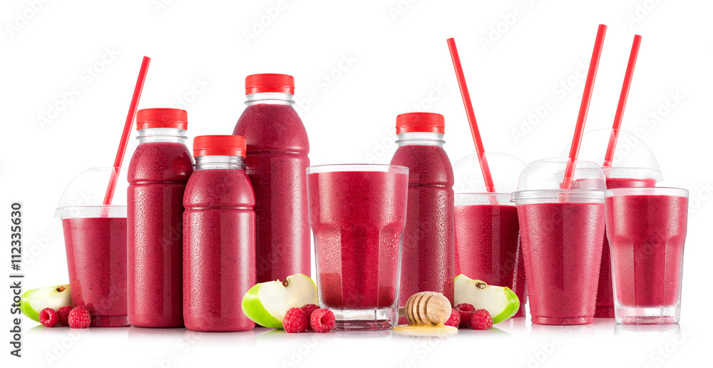 Smoothie in many kinds of glasses and bottles made from apple, raspberry and honey - obrazy, fototapety, plakaty 
