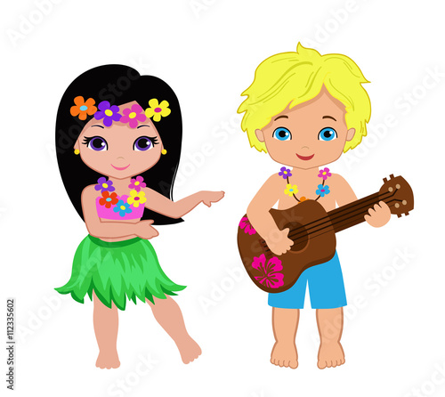 illustration of boy playing guitar and hawaiian girl hula dancing