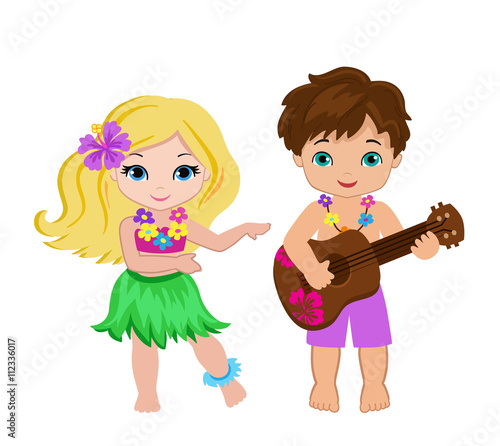 illustration of boy playing guitar and hawaiian girl hula dancing