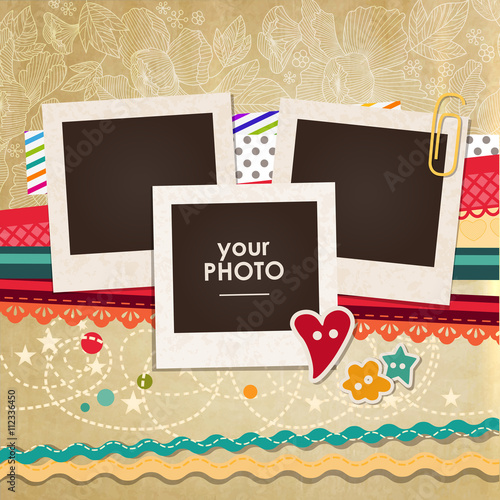 Collage photo frame on vintage background. Album template for kids, family or memories. Scrapbook concept, vector illustration.