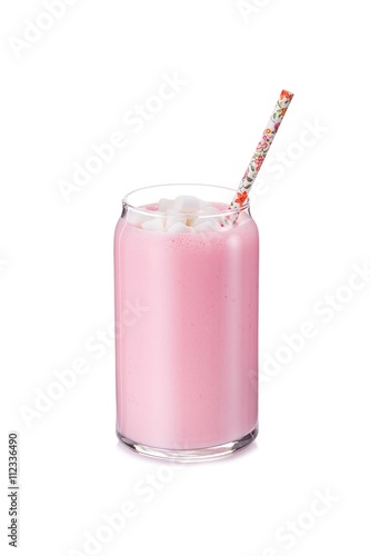 Raspberry smoothie with yogurt and oatmeal decorated with marshmallow and cute tubule