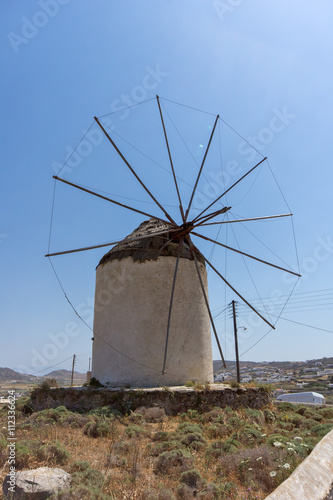 Windmill in Ano Mera town, island of Mykonos, Cyclades Islands
