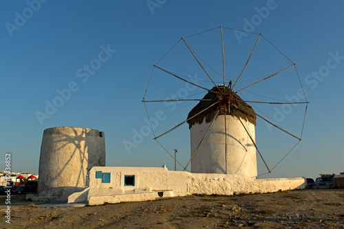 Sunset at White windmill on the island of Mykonos, Cyclades 