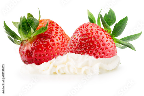 strawberries with whipped cream isolated on the white background
