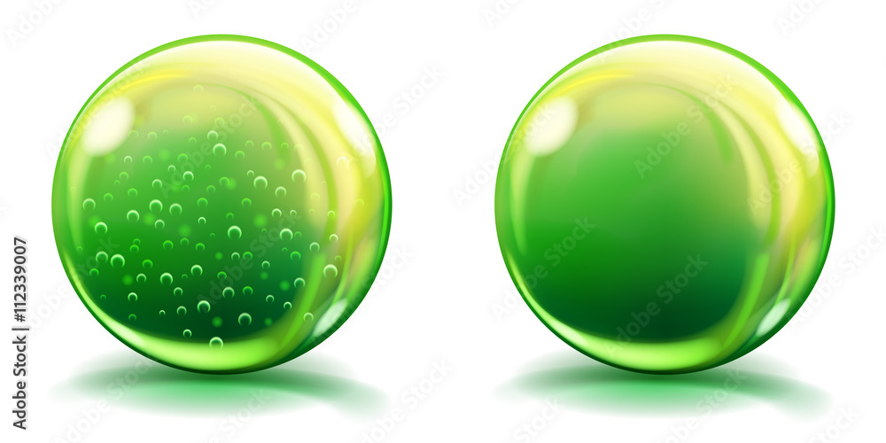 Two big green glass spheres with air bubbles and without, and with glares and shadows. Transparency only in vector file Two big green glass spheres with air bubbles and without, and with glares and shadows. Transparency only in vector file