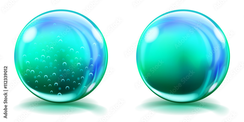 Two big light blue glass spheres with air bubbles and without, and with glares and shadows. Transparency only in vector file Two big light blue glass spheres with air bubbles and without, and with glares and shadows. Transparency only in vector file