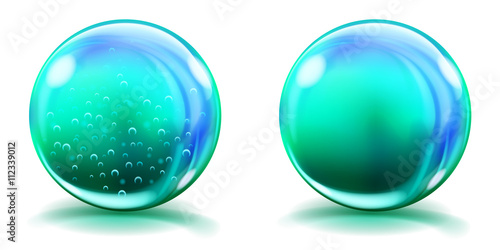 Two big light blue glass spheres with air bubbles and without, and with glares and shadows. Transparency only in vector file