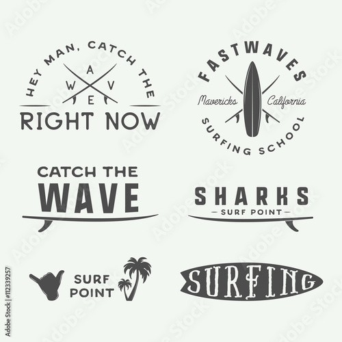 Set of vintage surfing logos, emblems, badges, labels 