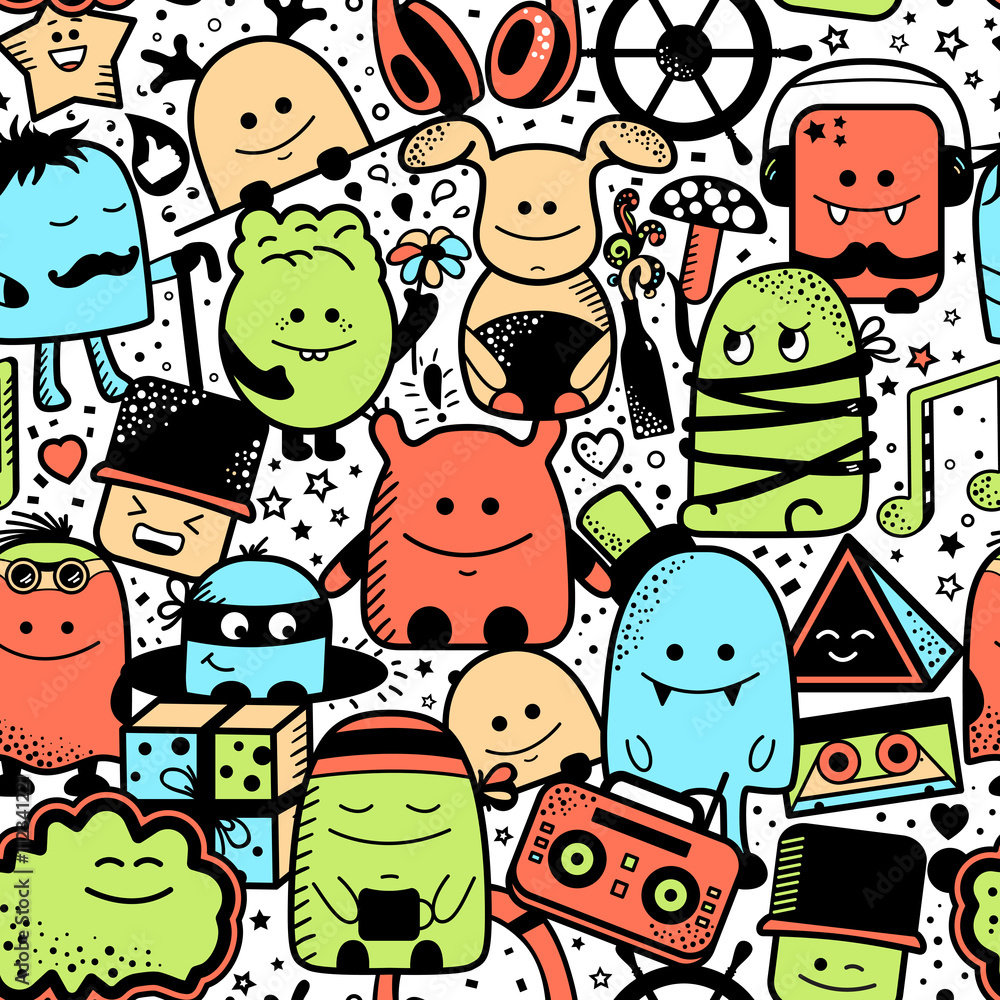Vector seamless pattern, cartoon monsters, characters Vector seamless pattern, cartoon monsters, characters