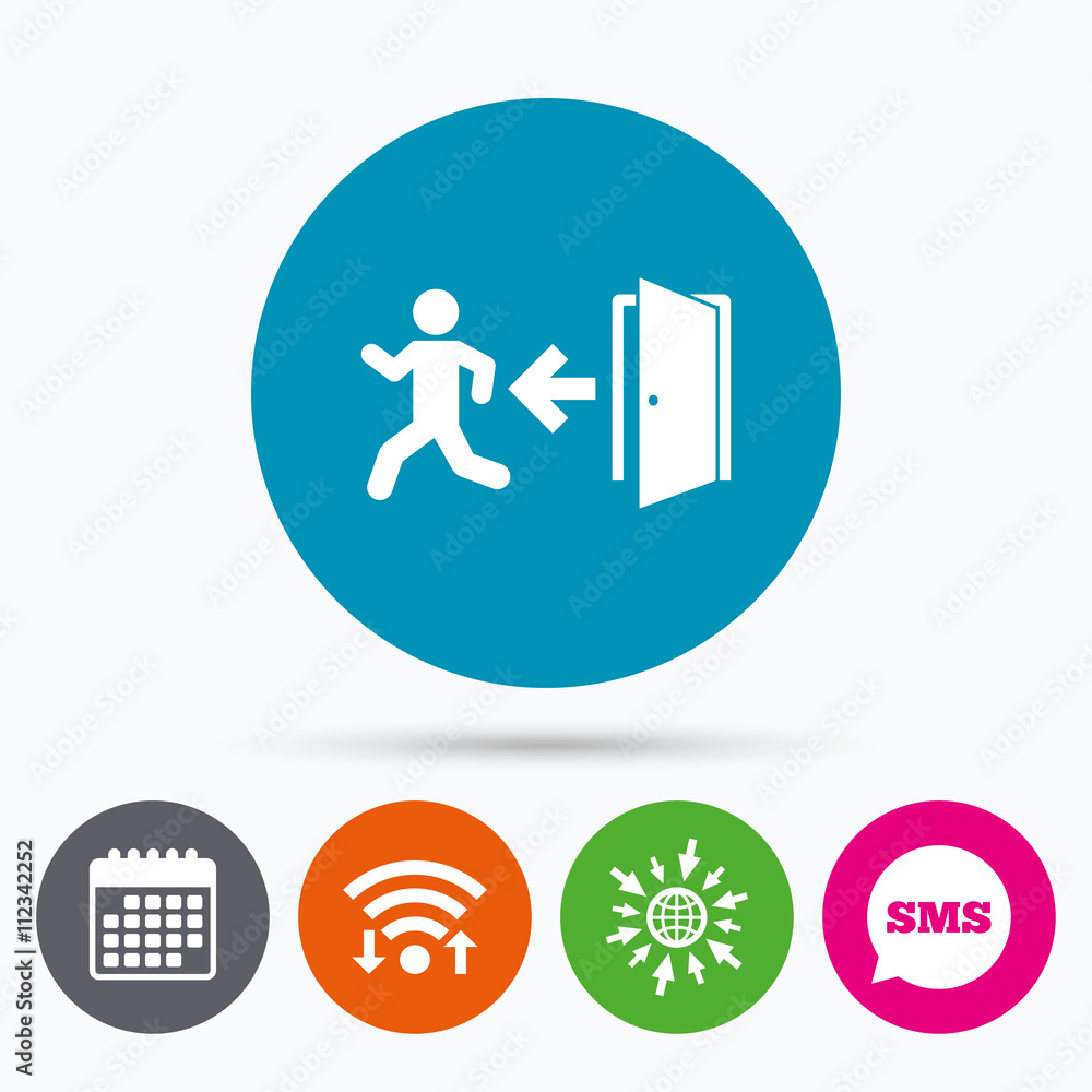 Emergency exit sign icon. Door with left arrow. Emergency exit sign icon. Door with left arrow.