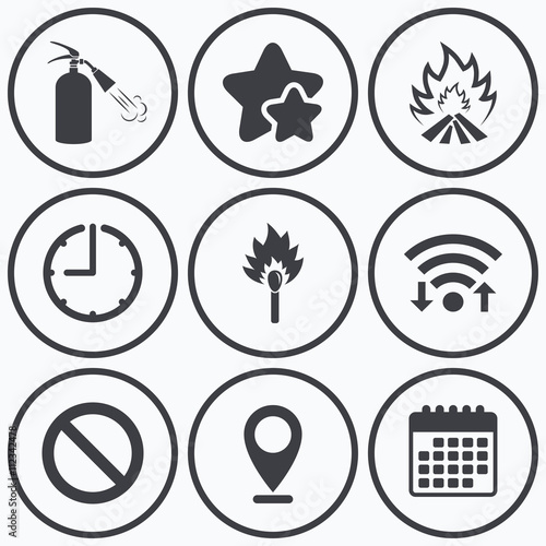 Fire flame icons. Prohibition stop symbol.