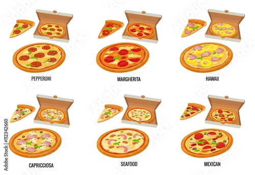 Set whole and slice pizza in open white box. Pepperoni, Hawaiian, Margherita, Mexican, Seafood, Capricciosa. Vector isolated flat illustration for poster, menus, brochure, web and icon.