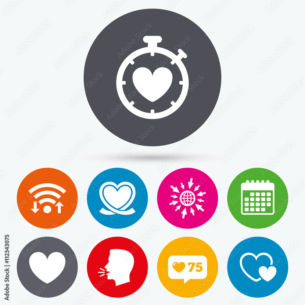 Heart ribbon icon. Timer stopwatch symbol. Heart ribbon icon. Timer stopwatch symbol.