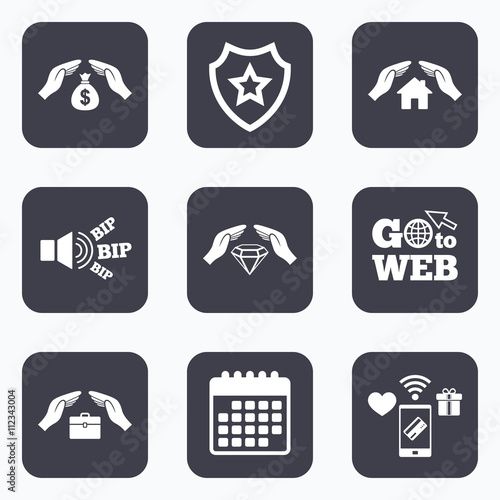 Hands insurance icons. Money savings sign.