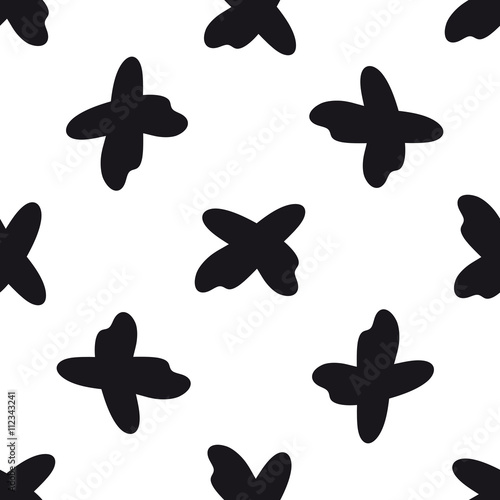 Seamless black and white hand drawn pattern. Black and white doodle background. Doodle dots, spiral, circle, heart, triangle and cross.