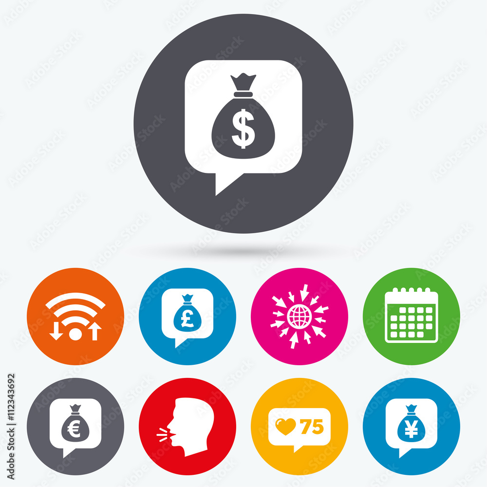 Money bag icons. Dollar, Euro, Pound and Yen. Money bag icons. Dollar, Euro, Pound and Yen.