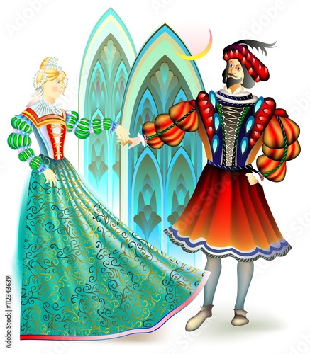 Illustration of men and women dressed in the costumes of 16th century in France, vector cartoon image.