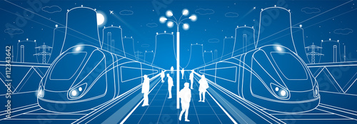 Railway station, people waiting for the train, industrial and transport illustration, energy plant, vector design art