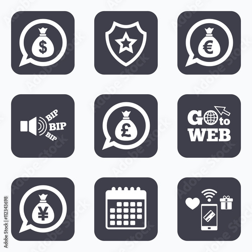 Money bag icons. Dollar, Euro, Pound and Yen.