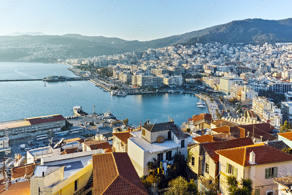 Panoramic view to port of Kavala, East Macedonia and Thrace, Greece