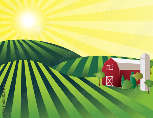 Farm Land – rolling green farmland with red barn, silo and shining sun