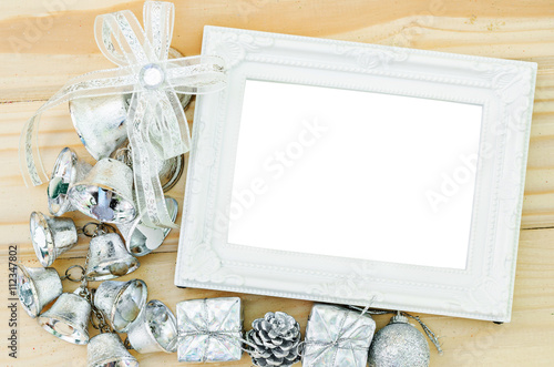 Blank vintage white photo frame with silver decoration christmas