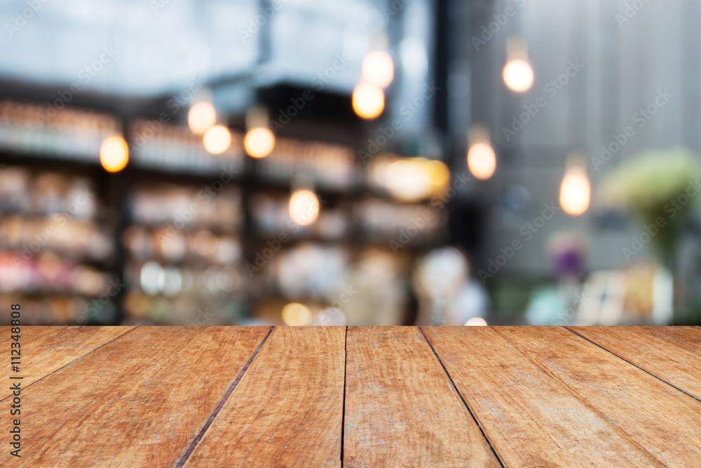 Perspective wood and blurred cafe background Perspective wood and blurred cafe background