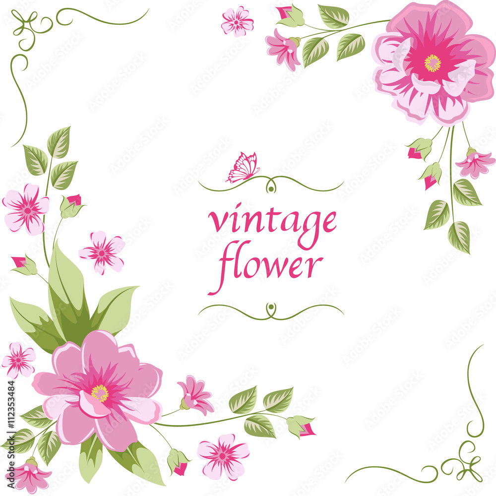 Fototapeta premium Vintage flowers with leafs and butterfly