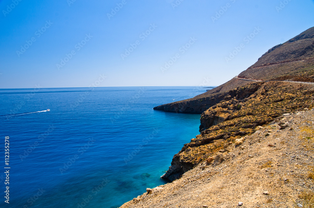 Landscape, mountains and view at Lybian sea coast at south side of Crete island, Greece