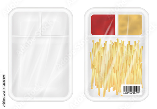 top view of White polystyrene packaging mockup with french fries and ketchup inside