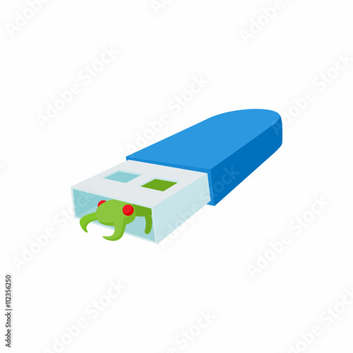 Infected USB flash drive icon, cartoon style