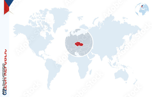 Blue world map with magnifying on Czech Republic.
