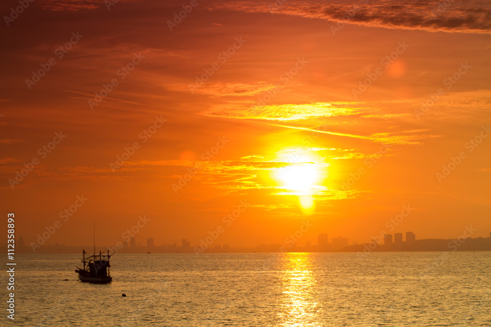 abstract sunrise in the sea view of sea ship near the town at as