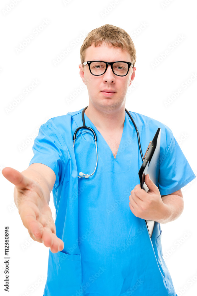 Doctor surgeon extends a hand, portrait on a white background Doctor surgeon extends a hand, portrait on a white background