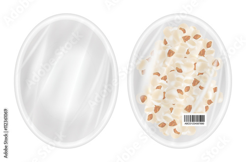 top view of White polystyrene packaging mockup with pop corn inside