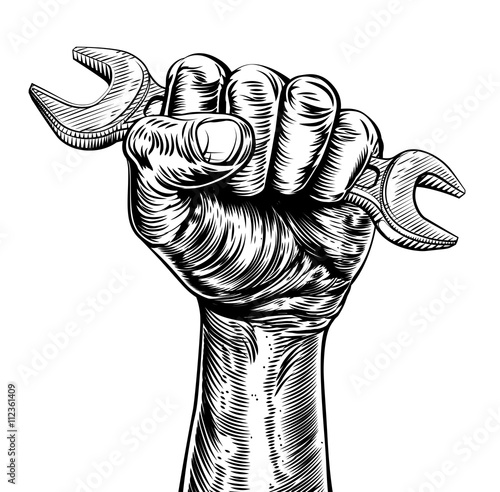 Propaganda Woodcut Fist Hand Holding Spanner