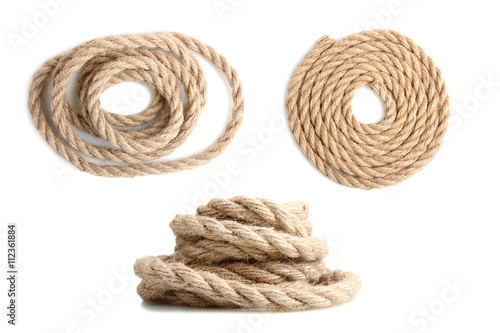 a collage of strong rope wound on a white isolated background