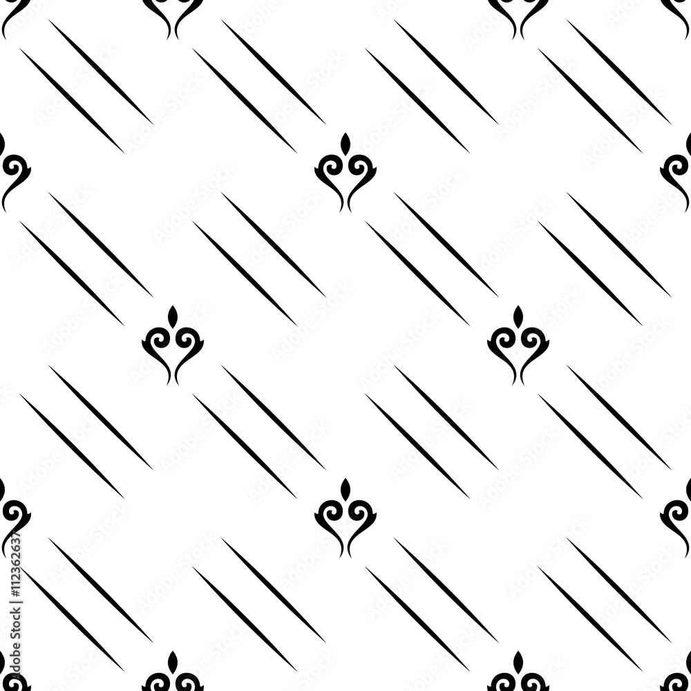 Seamless vector ornament. Modern geometric pattern with black diagonal lines and royal lilies Seamless vector ornament. Modern geometric pattern with black diagonal lines and royal lilies