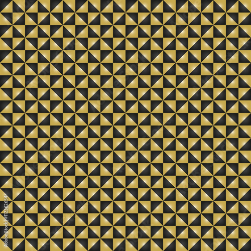 Geometric vector pattern with black and golden triangles. Seamless abstract background