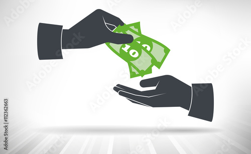 Money handover. One hand giving money bills to another hand