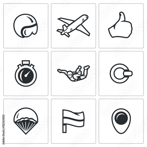 Vector Set of Skydiving Icons. Helmet, Plane, Ready, Time, Skydiver, Ring, Parachute, Landing Place, Wind Direction.